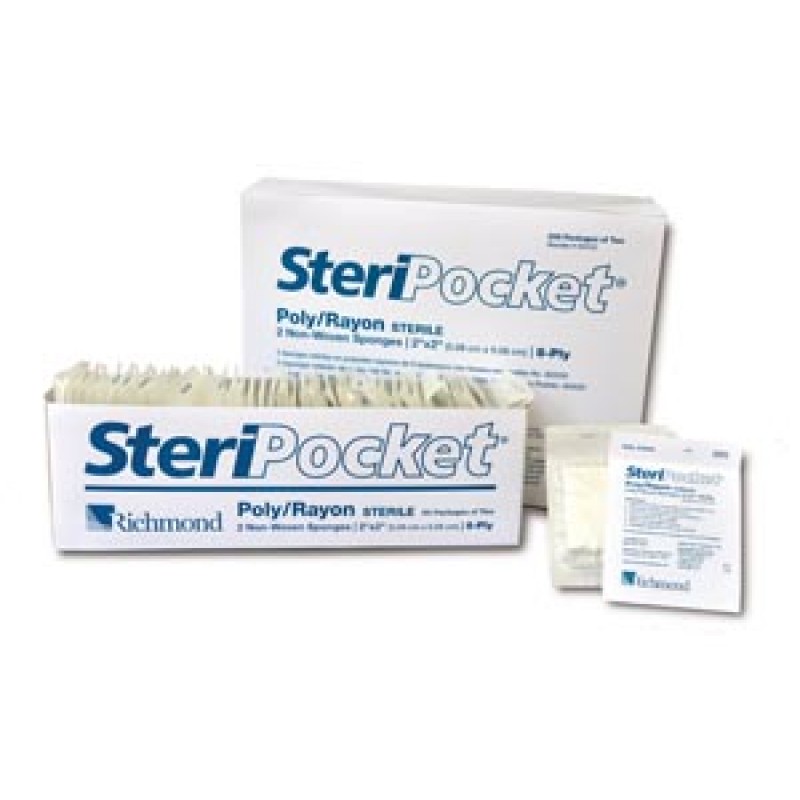 Richmond Dental 303120 SteriPocket Sponge, Non-Woven, 8-Ply Rayon/ Poly, 2" x 2", Sterile, 2/pk, 200 pk/bx