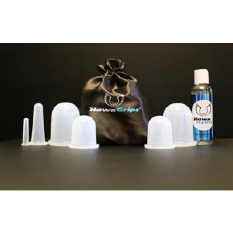 HawkGrips HGCUPS Set includes (2) Large cups, (2) Medium cups, (1) Small Cup, (1) X-Small Cup. (Packaged with an instruction guide inside a travel-friendly HawkGrips satin carrying bag)