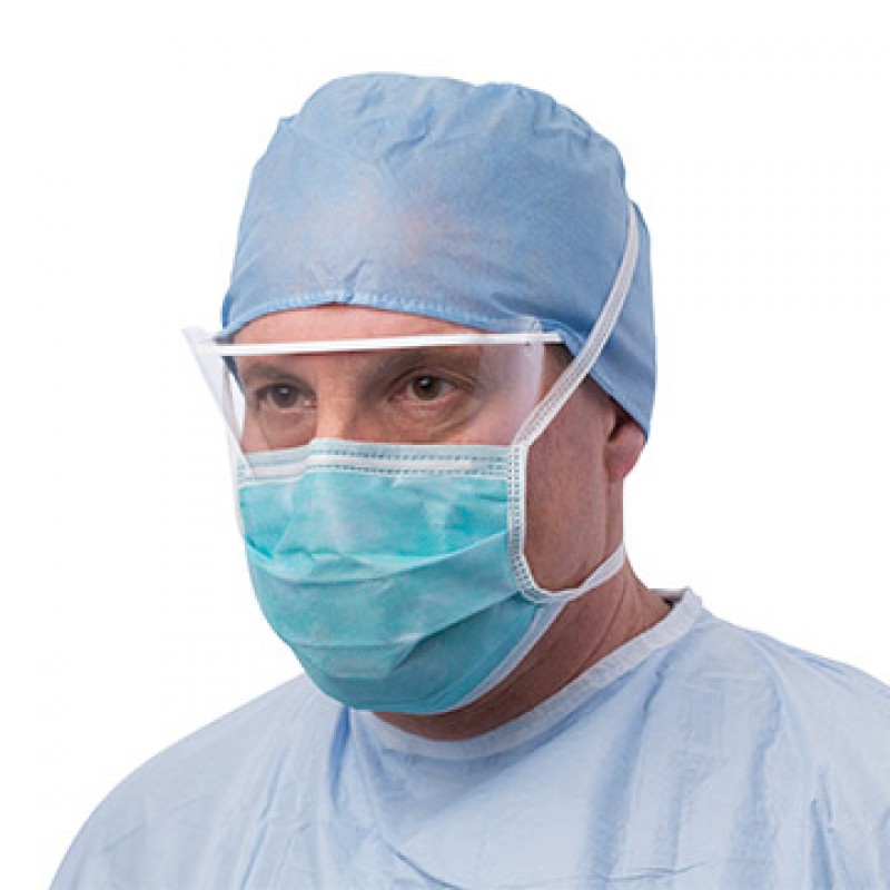 Surgical Mask, Tie-On, Pleated, Light Anti-Fog Material, Integrated Eyeshield, Mediterranean Blue, 25/bx, 4 bx/cs (Continental US Only) (On Vendor Allocation - Availibility May Be Limited)