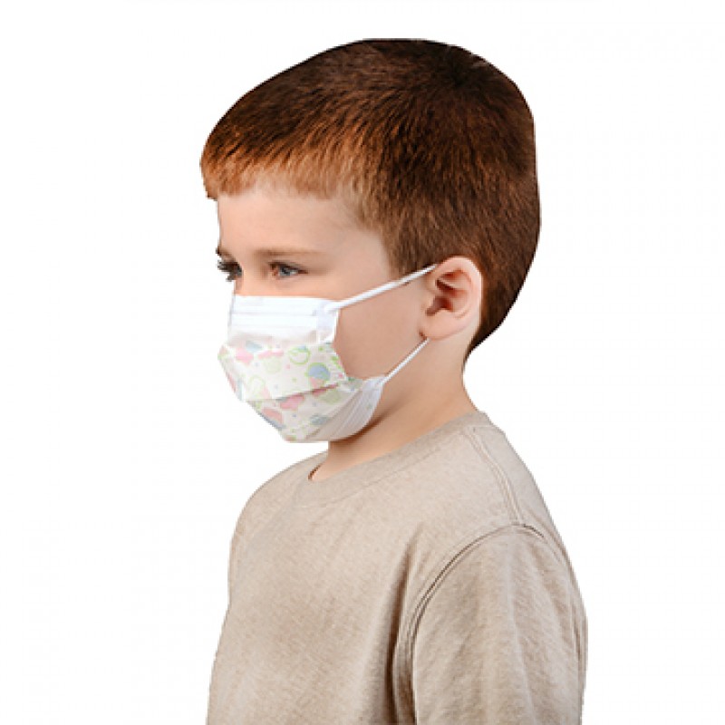 Procedure Mask, Pleated, White with Pediatric Print, Cellulose Outer Layer, Filtered Media Middle Layer, Bicomponent Nonwoven Inner Layer, Ear Loop, Pediatric Size, 75/bx, 10 bx/cs (Continental US Only) (On Vendor Allocation - Availibility May Be Limited)