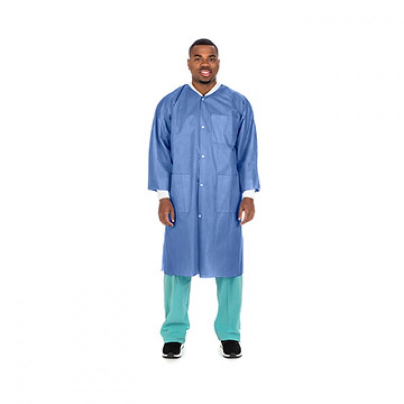 Lab Coat, SMS, Disposable, Knit Collar, Knee Length, Snap Closure, Pockets, Blue, 3X-Large, 10/pk, 5 pk/cs (Continental US Only)