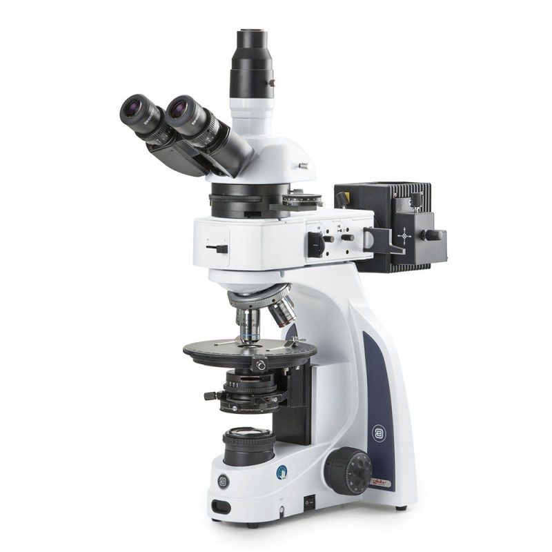 Euromex EIS-1053-PLPOLRI Compound polarizing microscope Trinocular head, 500x magnification, Plan infinite Polarizing, Koehler LED transmitted, 50W halogen reflected
