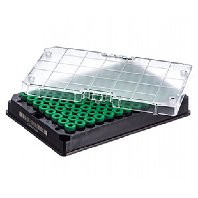 Rack with 96 green-capped 300µl Cryo.s, Datamatrix barcode (generic 2D sequence), sterile