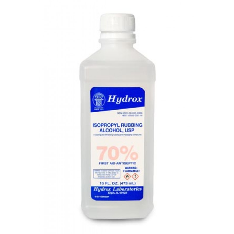 Hydrox Laboratories D0022 Isopropyl Rubbing Alcohol 70%, USP, 16 oz, 12 btl/cs (176 cs/plt) (Item is considered HAZMAT and cannot ship via Air or to AK, GU, HI, PR, VI)