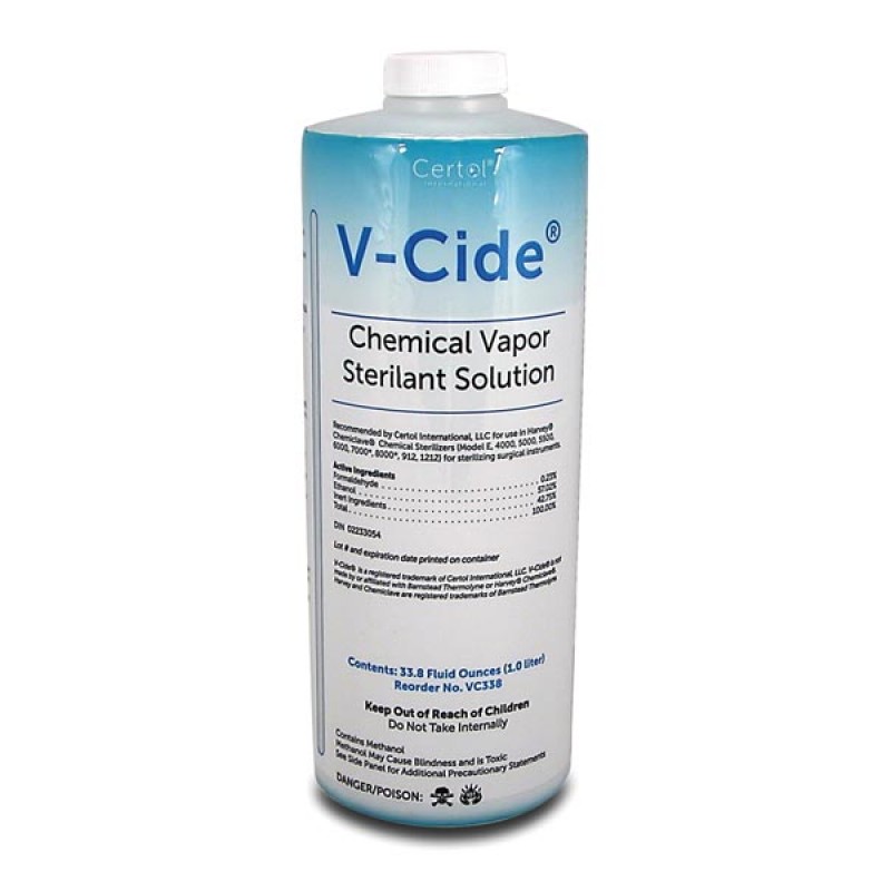 MicroCare, LLC VC338 V-Cide Chemical Vapor Sterilant Solution, Liter Bottle, 16/cs (45 cs/plt) (Item is considered HAZMAT and cannot ship via Air or to AK, GU, HI, PR, VI)