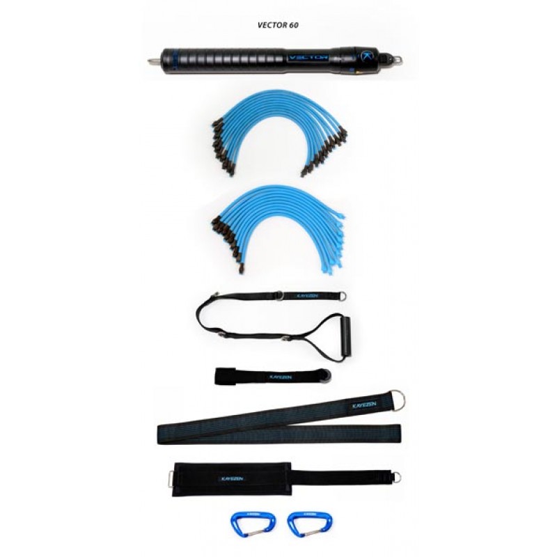 Kayezen LLC RQX-V60RSSK VECTOR 60 Resistance System Solo Kit: 1 VECTOR 60 Unit, (Wider Exercise Range) w/ 10 Lt + 10 Hvy Tubes, 1 Door Anchor, 1 Long Handle, 1 Long Torso Strap, 1 Thigh Strap, 2 Carabiners, Free Exercise APP (Cannot be sold through any si