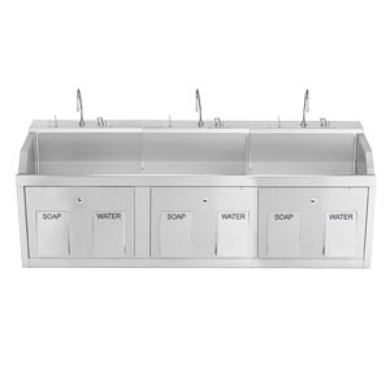 Blickman Industries 1339883W00 Lodi Scrub Sink, (3) Place, Wall Mounted, Knee Action Control, Soap Dispenser, Infrared Water Control (DROP SHIP ONLY)