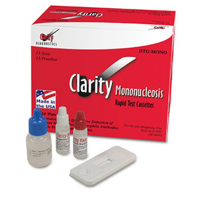 Clarity Diagnostics, LLC DTG-MONO Clarity Mononucleosis Cassettes, CLIA Waived, Whole Blood Only, Includes: Mono Test Cassettes, Developer Solution, Sample Transfer Tubes, Positive Control, Negative Control, Package insert, 15/bx