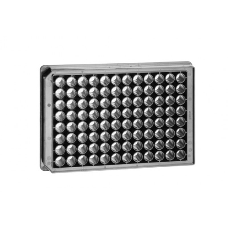 96W Ultra Low Base CELLview™ Microplate, CO, Advanced TC, Sterile, Flat Bottom, Chimney Style, Black/Glass, w/Lid