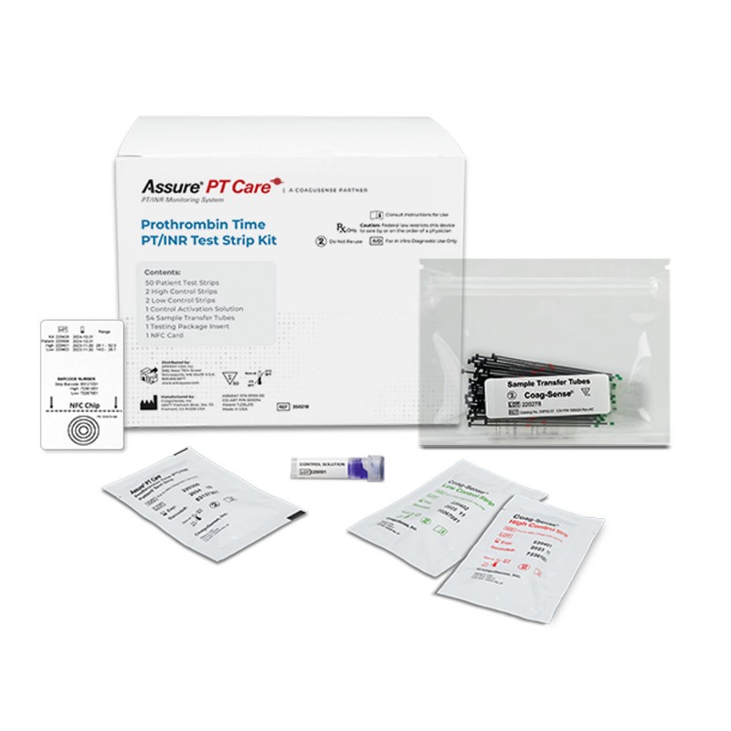 Arkray USA, Inc. 350218 Assure® PT Care Test Strip Kit Contents:  (50) Patient Test Strips; (2) High Control Test Strips; (2) Low Control Test Strips; (1) Vial Control Activation Solution; (1) Package Insert & (1) #10424 AC Sample Transfer, 54/pk