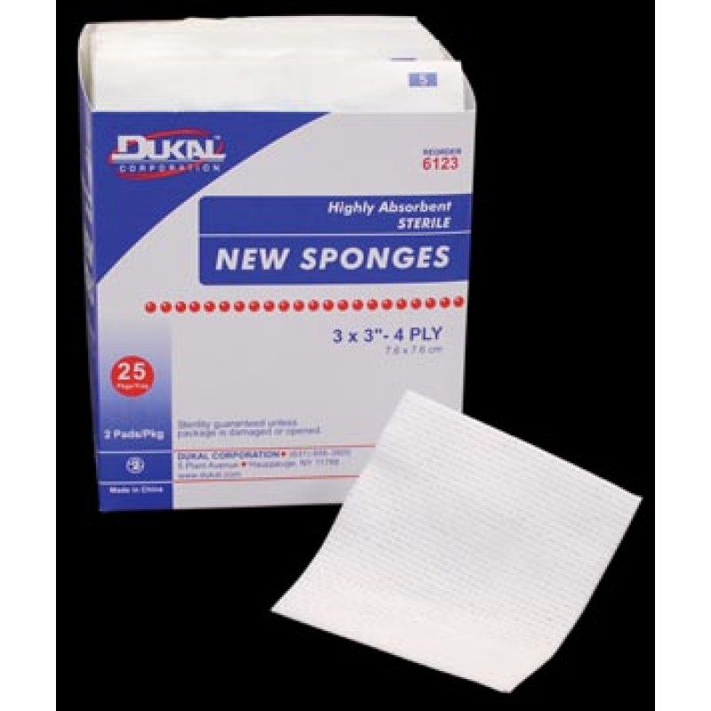 Dukal Corporation 6123 Sponge, 3" x 3", Non-Woven New Sponge, Sterile, 4-Ply, 2/pk, 25 pk/bx, 48 bx/cs