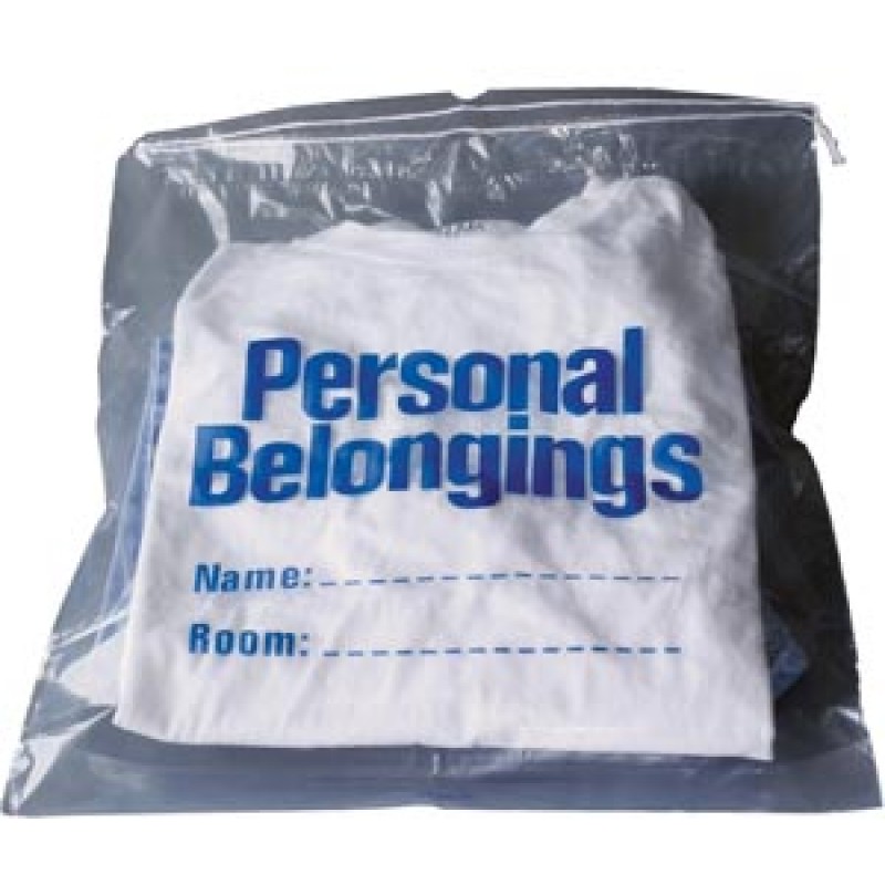 New World Imports DSPB1 Personal Belongings Drawstring Bag, 17" x 20", Clear Bag with Blue Imprinting, 250/cs
