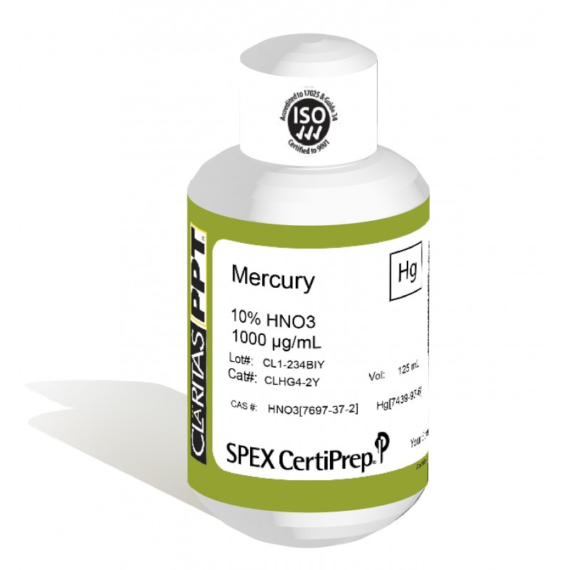 Claritas PPT Grade Mercury for ICP-MS, 1,000 ug/mL (1,000 PPM), 125 mL, in 10% HNO3, SPEX Certiprep, CLHG4-2Y