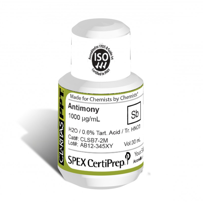 Claritas PPT Grade Antimony for ICP-MS, 1,000 ug/mL (1,000 PPM), 30 mL, in H2O / 0.6% Tart. Acid / Tr. HNO3, SPEX Certiprep, CLSB7-2M