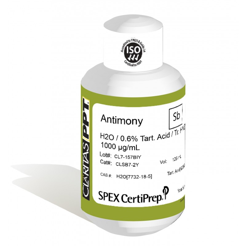 Claritas PPT Grade Antimony for ICP-MS, 1,000 ug/mL (1,000 PPM), 125 mL, in H2O / 0.6% Tart. Acid / Tr. HNO3, SPEX Certiprep, CLSB7-2Y