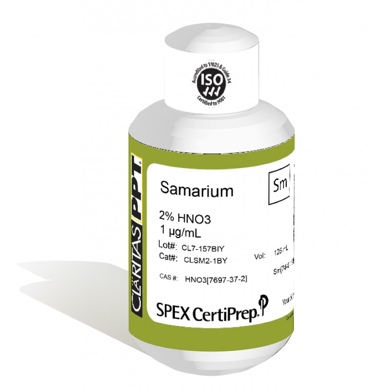 Claritas PPT Grade Samarium for ICP-MS, 1 ug/mL (1 PPM), 125 mL, in 2% HNO3, SPEX Certiprep, CLSM2-1BY