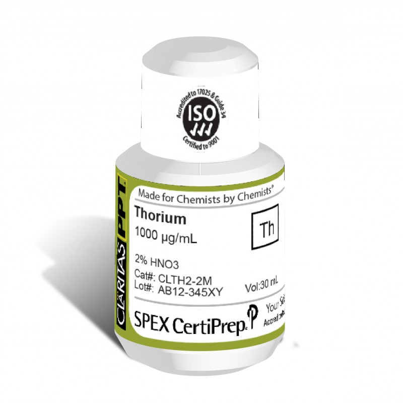 Claritas PPT Grade Thorium for ICP-MS, 1,000 ug/mL (1,000 PPM), 30 mL, in 2% HNO3, SPEX Certiprep, CLTH2-2M