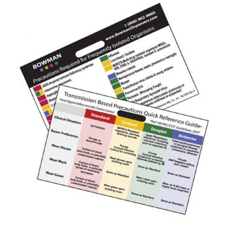 Bowman Manufacturing Company, Inc. RG-006 Transmission Based Precautions Quick Reference Card, Horizontal, Attaches to Name Tag Holder, 3 3/8"W x 2¼"H x 1/16"D, 25/pk (pk=ea) (Made in USA)