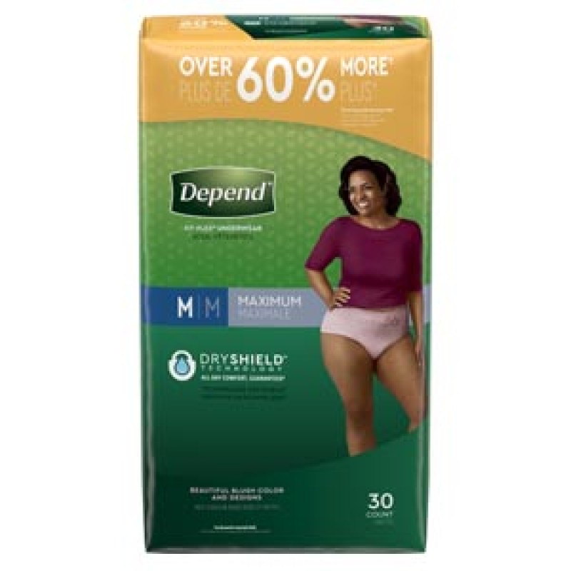 Kimberly-Clark Consumer 53742 Underwear, Maximum Absorbency, Medium, Women, Blush, 30/pk, 2 pk/cs (54 cs/plt)