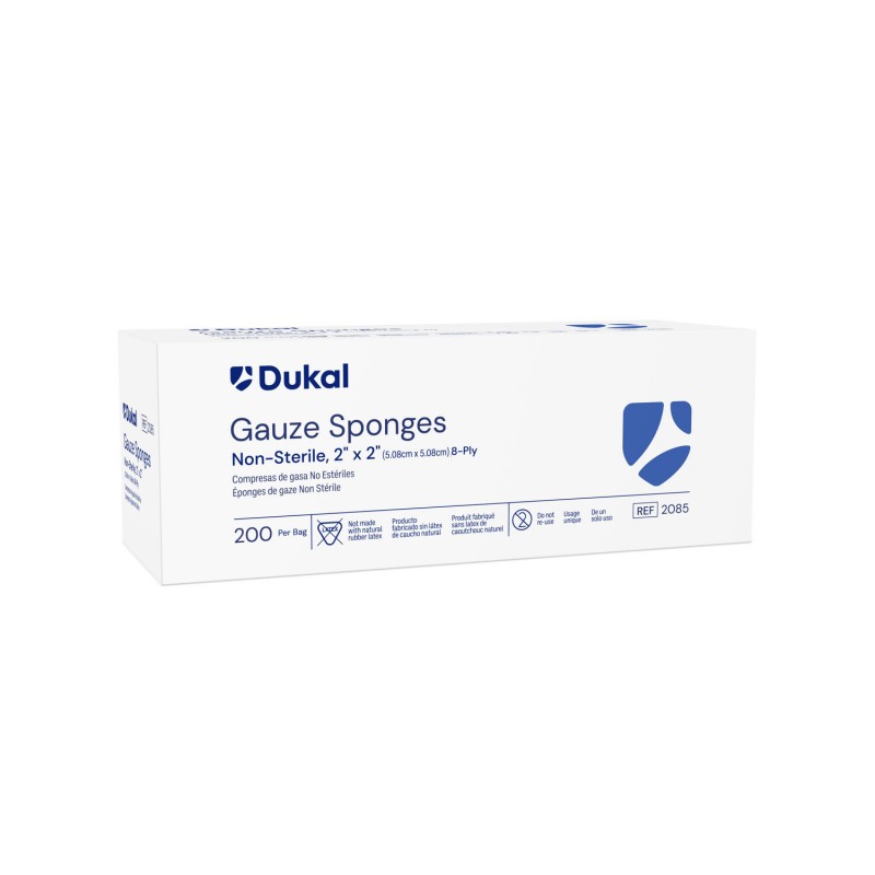 Dukal Corporation 2085 Gauze Sponge, 2" x 2", Non-Sterile, 8-Ply, 200/bg, 25 bg/cs (160 cs/plt)