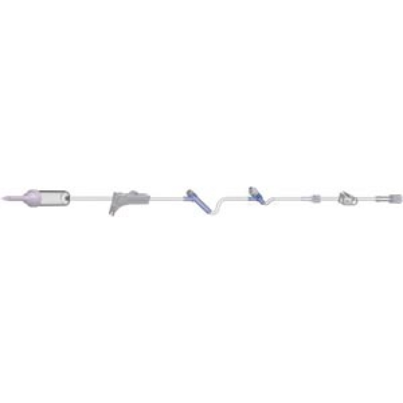 Amsino International, Inc. 108305 IV Admin Set, Pre-Attached Extension Set, 10 Drops Per mL, 89" Length, 16 mL Priming Volume, Non-Vented, 1 Pre-Pierced Y Site, 1 AMSafe Needle-Free Y Site with Pre-Attached Extension Set, Roberts Clamp, Rotating Male Luer
