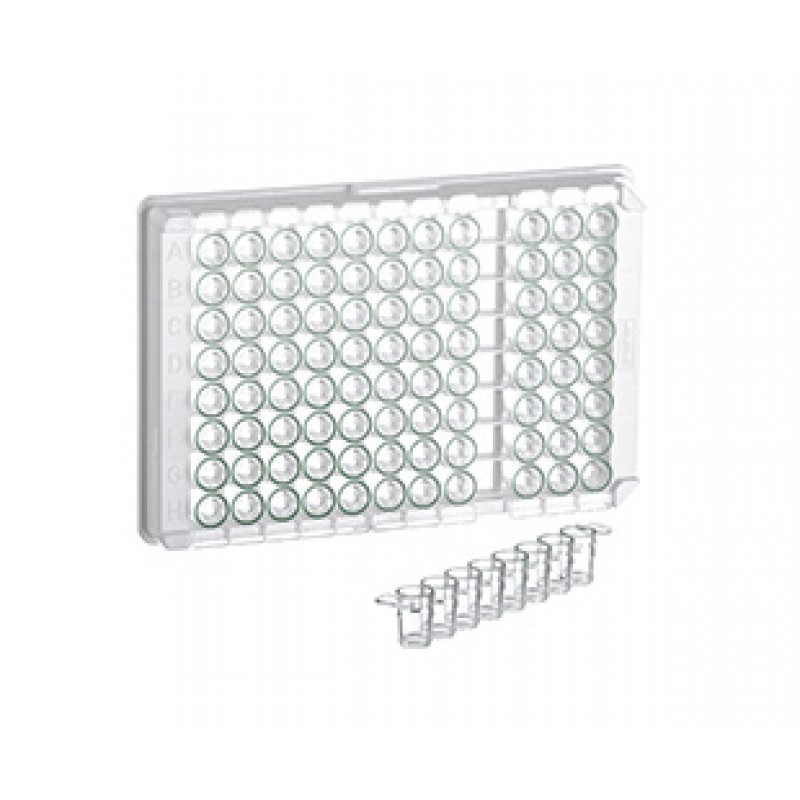 96W C8 Single-break MICROLON® 600 Strip Plate, PS, High Binding, 1x8 Break-Apart C-Bottom (Flat w/curved edge) Strips, Clear Wells w/Green Rim