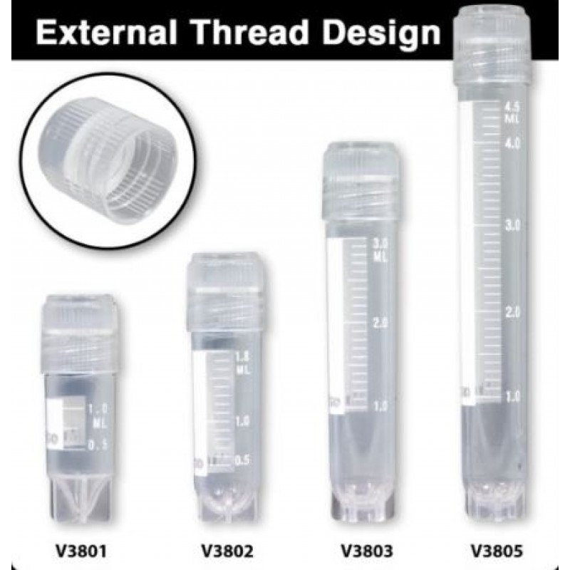MTC Bio V3805 Cryogenic Vials, External Thread Self-Standing, Sterile, Printed Graduations, Silicone O-Ring, 1 Locking Rack, 500 tubes/CS