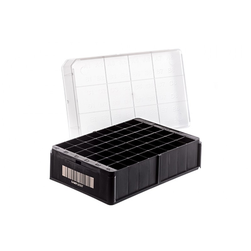 48-way Datamatrix RACK for 1 & 2 mL Cryo.s, PP, Black w/Natural Low Lid, pre-barcoded