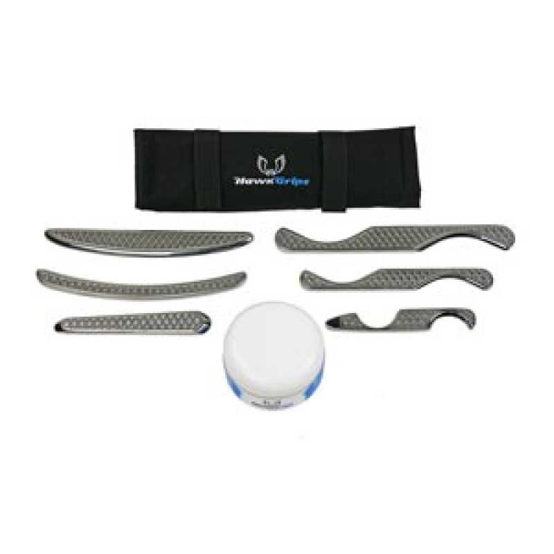 HawkGrips HGS Silver Set.  Includes all six of the small HawkGrips instruments (HG4-HG9), a roll-up carrying case, one jar of regular emolllient, and a User Manual