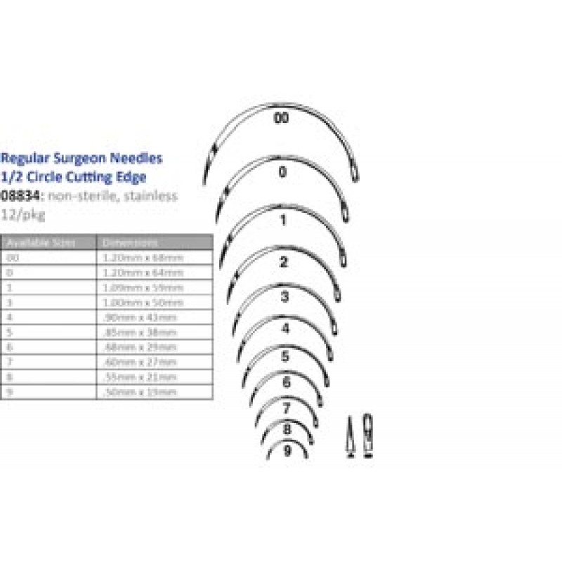 Cincinnati Surgical Company 08834 Suture Needle, Size 00-9, Regular Surgeons, ½ Circle Cutting Edge, 12/pk (Must be Ordered in Multiples of 10 dozen) (DROP SHIP ONLY)