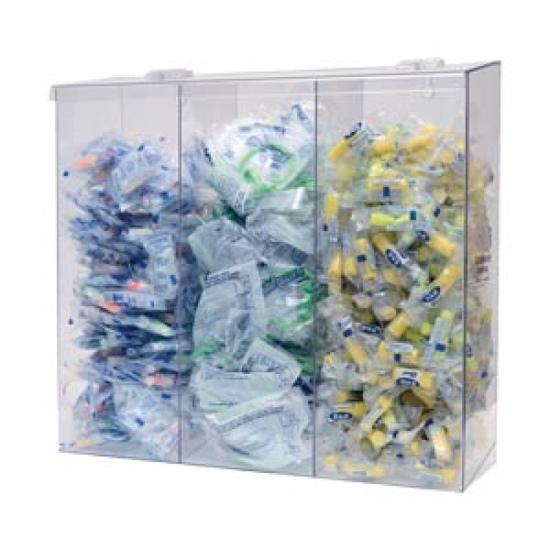Bowman Manufacturing Company, Inc. BP-090 Bulk Dispenser, Tall Triple Bin, Holds a Variety of Protective Apparel in Bulk, Triple Compartments with Hinged Lid, Openings at Front Bottom, Keyholes For Wall Mounting, Clear PETG Plastic, 18 3/8"W x 17 1/16"H x