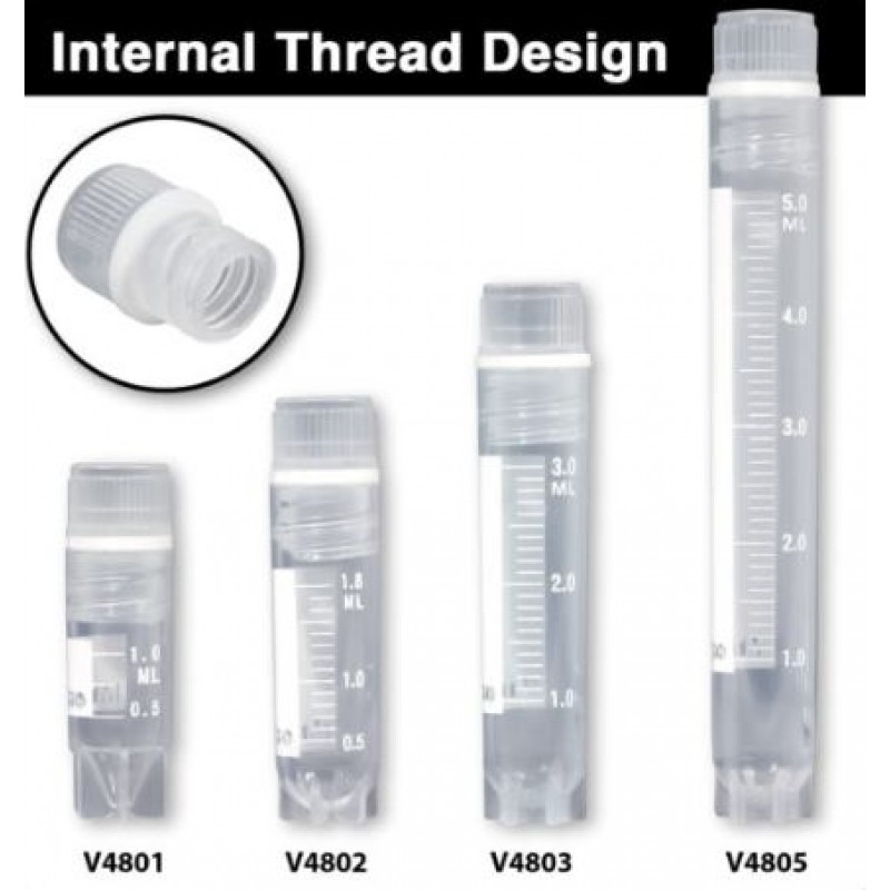 MTC Bio V4805 Cryogenic Vials, Internal Thread, Self-Standing, Sterile, Printed Graduations, Silicone O-Ring, 1 Locking Rack, 500 tubes /CS