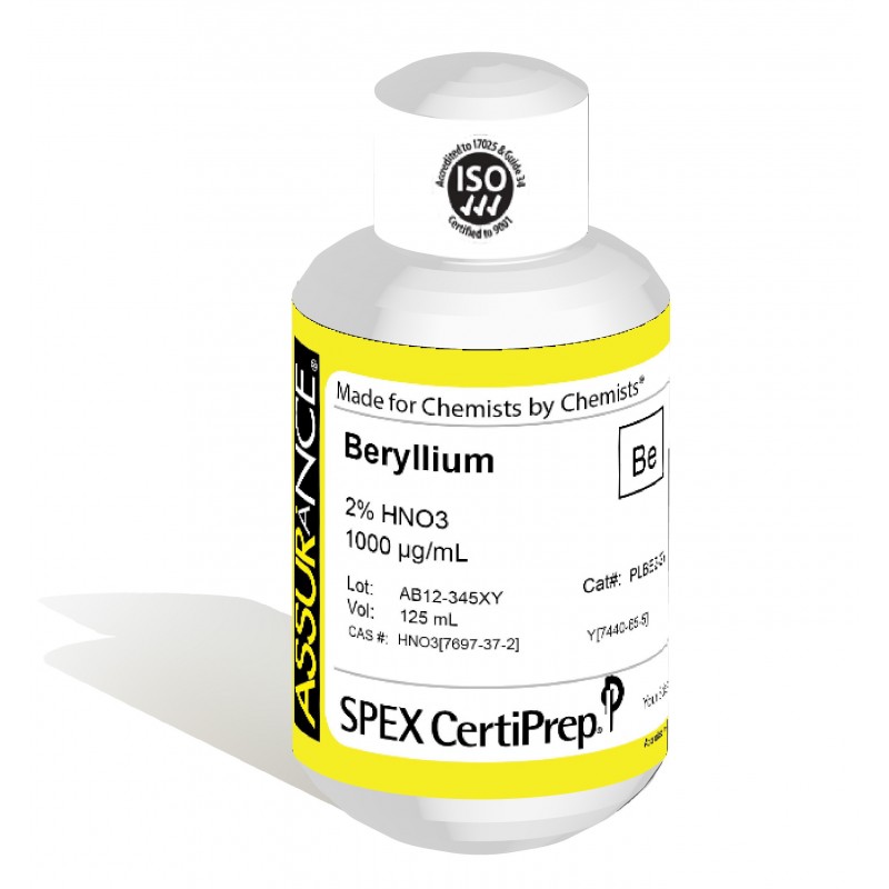 Assurance Grade Beryllium for AA and ICP, 1,000 ug/mL (1,000 PPM), 125 mL, in 2% HNO3, SPEX Certiprep, PLBE2-2Y