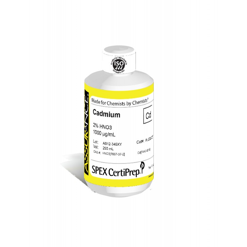 Assurance Grade Cadmium for AA and ICP, 1,000 ug/mL (1,000 PPM), 250 mL, in 2% HNO3, SPEX Certiprep, PLCD2-2T
