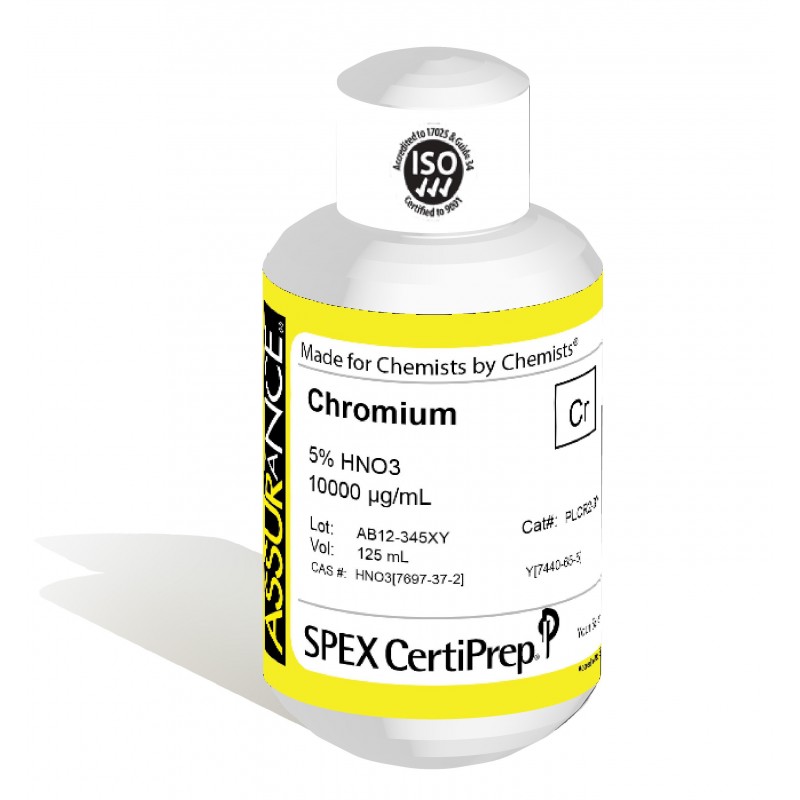 Assurance Grade Chromium for AA and ICP, 10,000 ug/mL (10,000 PPM), 125 mL, in 5% HNO3, SPEX Certiprep, PLCR2-3Y