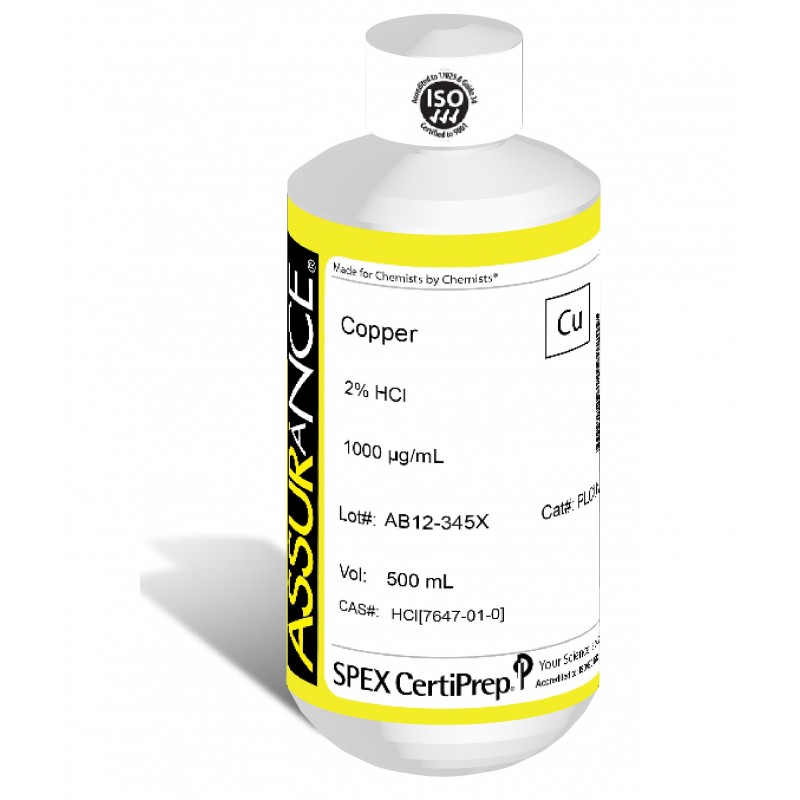 Assurance Grade Copper for AA and ICP, 1,000 ug/mL (1,000 PPM), 500 mL, in 2% HCl, SPEX Certiprep, PLCU1-2X