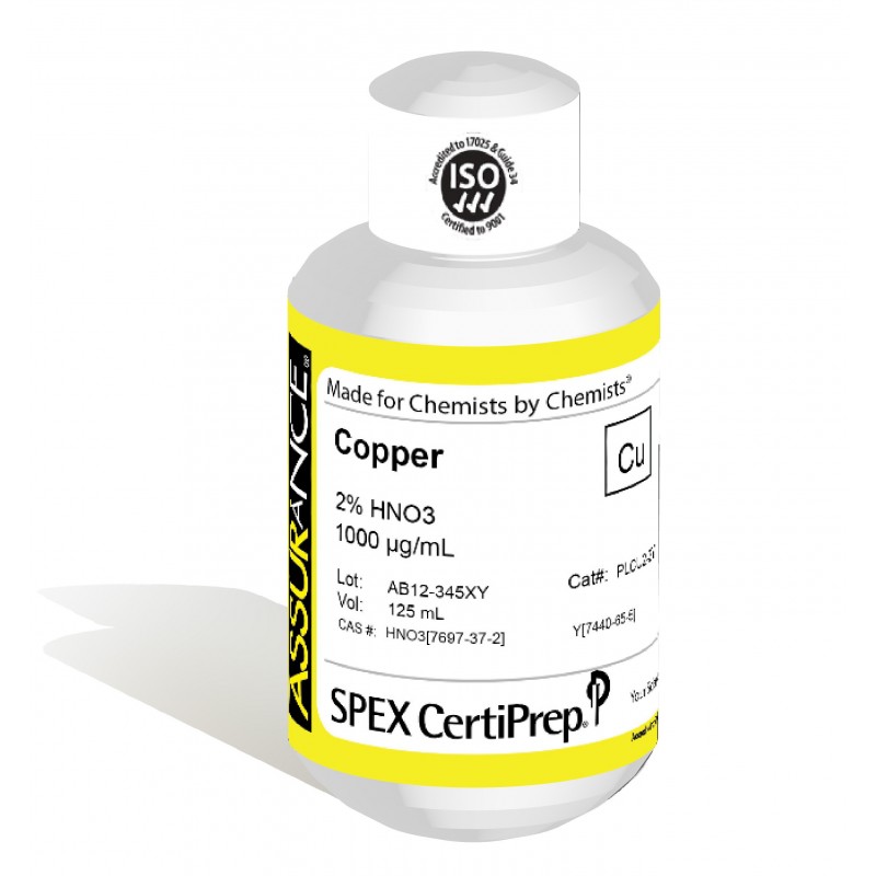 Assurance Grade Copper for AA and ICP, 1,000 ug/mL (1,000 PPM), 125 mL, in 2% HNO3, SPEX Certiprep, PLCU2-2Y