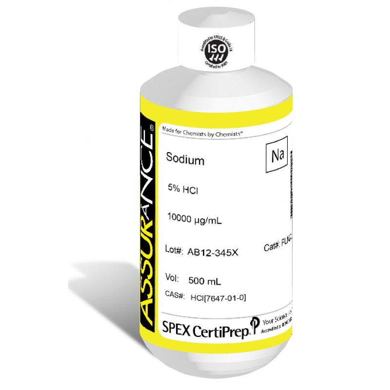 Assurance Grade Sodium for AA and ICP, 10,000 ug/mL (10,000 PPM), 500 mL, in 5% HCl, SPEX Certiprep, PLNA1-3X