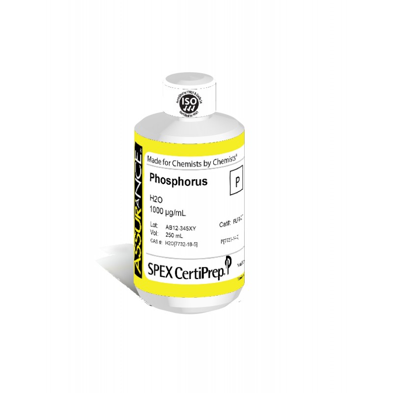 Assurance Grade Phosphorus for AA and ICP, 1,000 ug/mL (1,000 PPM), 250 mL, in H2O, SPEX Certiprep, PLP9-2T