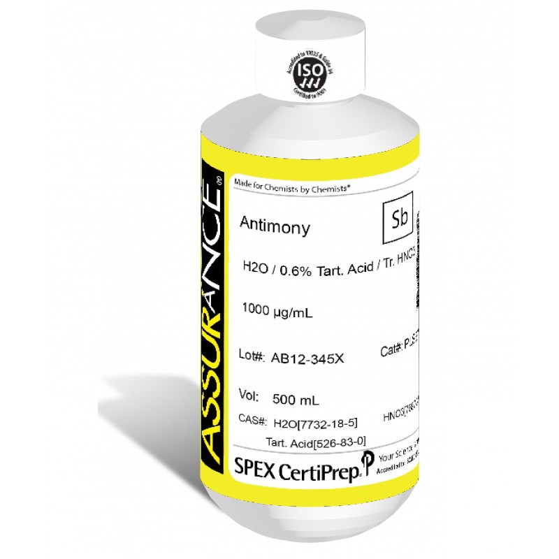 Assurance Grade Antimony for AA and ICP, 1,000 ug/mL (1,000 PPM), 500 mL, in H2O / 0.6% Tart. Acid / Tr. HNO3, SPEX Certiprep, PLSB7-2X