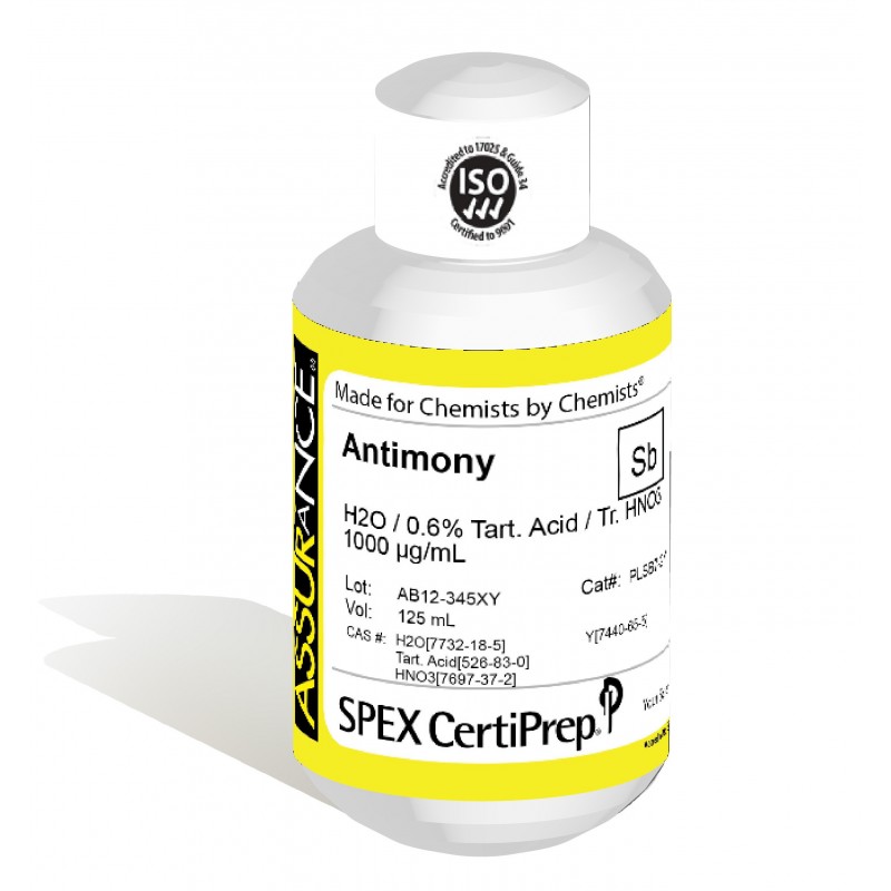 Assurance Grade Antimony for AA and ICP, 1,000 ug/mL (1,000 PPM), 125 mL, in H2O / 0.6% Tart. Acid / Tr. HNO3, SPEX Certiprep, PLSB7-2Y