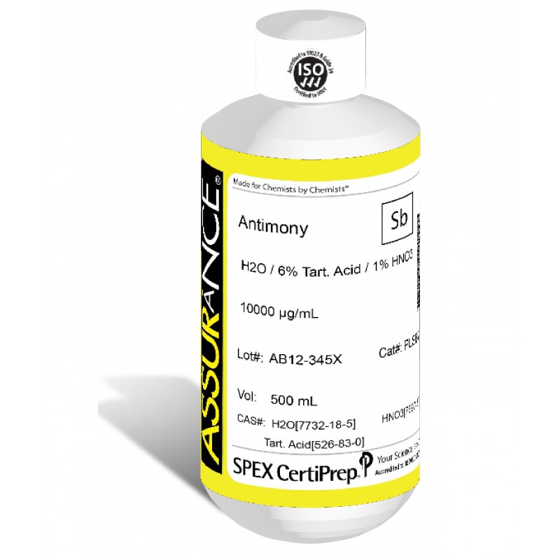 Assurance Grade Antimony for AA and ICP, 10,000 ug/mL (10,000 PPM), 500 mL, in H2O / 6% Tart. Acid / 1% HNO3, SPEX Certiprep, PLSB7-3X