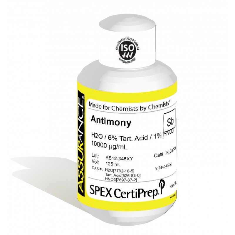 Assurance Grade Antimony for AA and ICP, 10,000 ug/mL (10,000 PPM), 125 mL, in H2O / 6% Tart. Acid / 1% HNO3, SPEX Certiprep, PLSB7-3Y