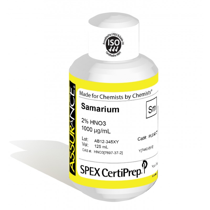 Assurance Grade Samarium for AA and ICP, 1,000 ug/mL (1,000 PPM), 125 mL, in 2% HNO3, SPEX Certiprep, PLSM2-2Y