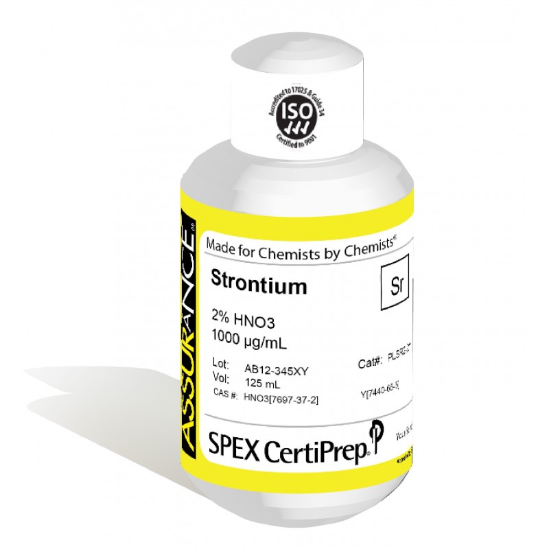 Assurance Grade Strontium for AA and ICP, 1,000 ug/mL (1,000 PPM), 125 mL, in 2% HNO3, SPEX Certiprep, PLSR2-2Y