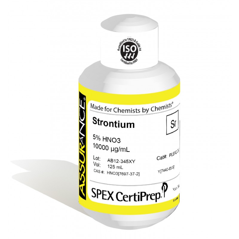 Assurance Grade Strontium for AA and ICP, 10,000 ug/mL (10,000 PPM), 125 mL, in 5% HNO3, SPEX Certiprep, PLSR2-3Y