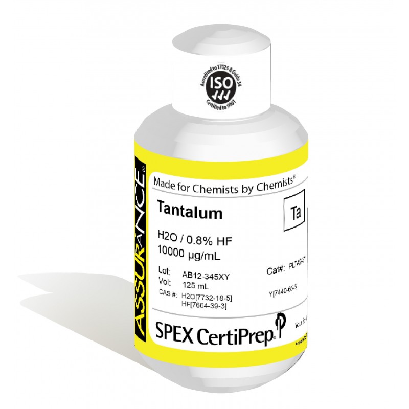 Assurance Grade Tantalum for AA and ICP, 10,000 ug/mL (10,000 PPM), 125 mL, in H2O / 0.8% HF, SPEX Certiprep, PLTA9-3Y