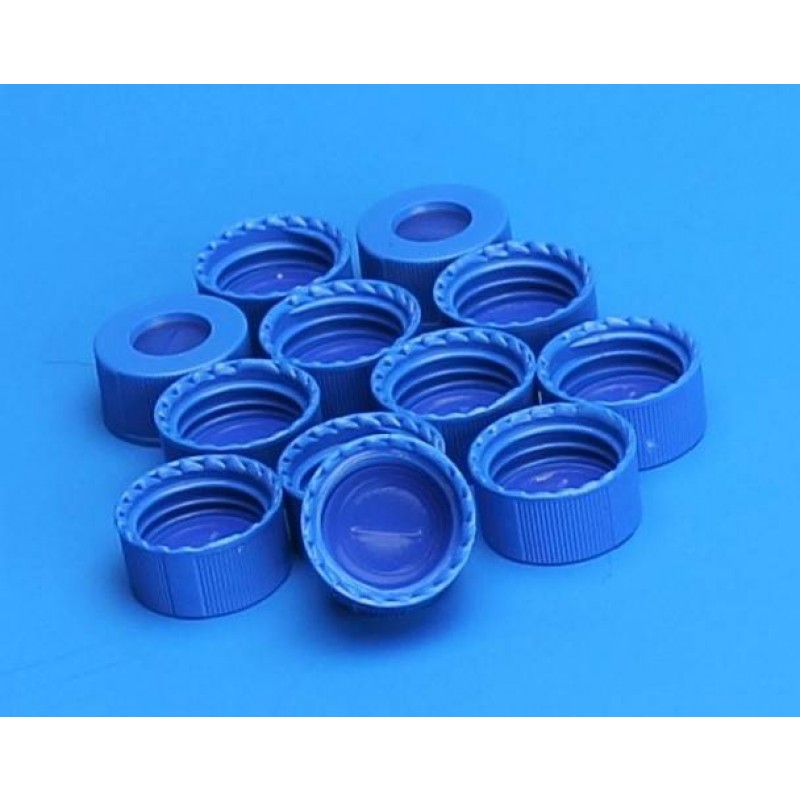 5395U1-09FRB JGFinneran 9mm R.A.M.™ Ribbed Cap, Royal Blue, Bonded Clear PTFE/Blue Silicone Ultra Low Bleed Septa - Mass Spec (Case of 1000)