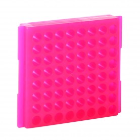 0085F Bio Plas 64-Well Reversible Microtube Rack, Fits 0.5, 1.5, 2.0mL Tubes, Fluorescent Pink