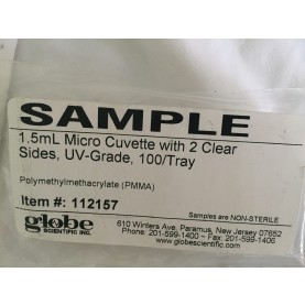 Globe Scientific 112157 Micro Cuvette, 1.5 mL, 10 mm, 280 - 800 nm, PMMA, 2 Clear Sides for Spectrophotometer (Case of 500)